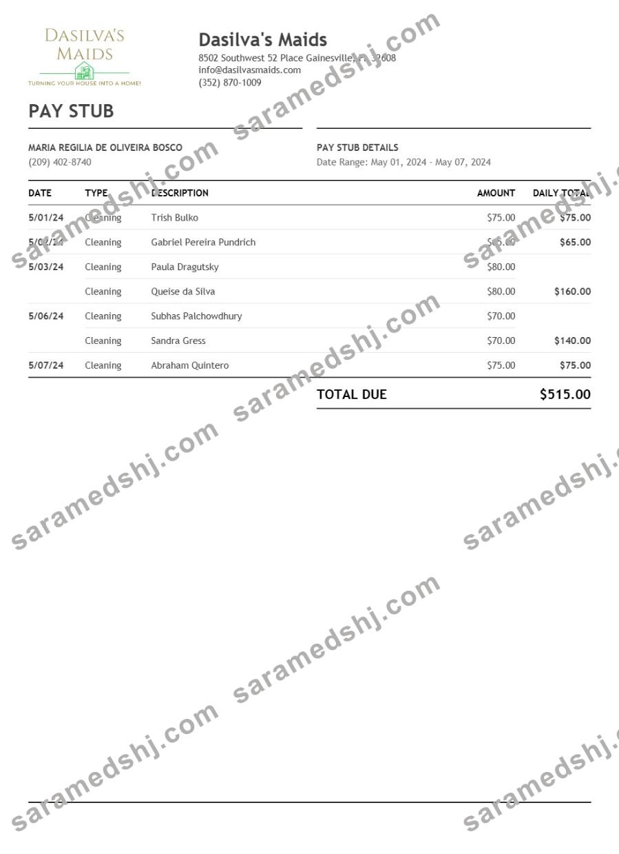 Dasilva's Maids pay stub template in Word and PDF formats.pdf, 1